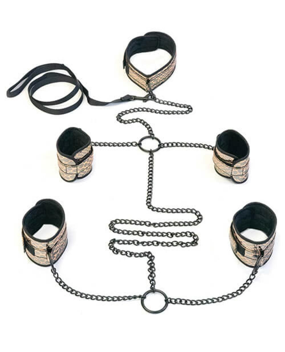 Spartacus Gold Faux Leather Collar To Wrist & Ankle Restraints Bondage Kit Bondage