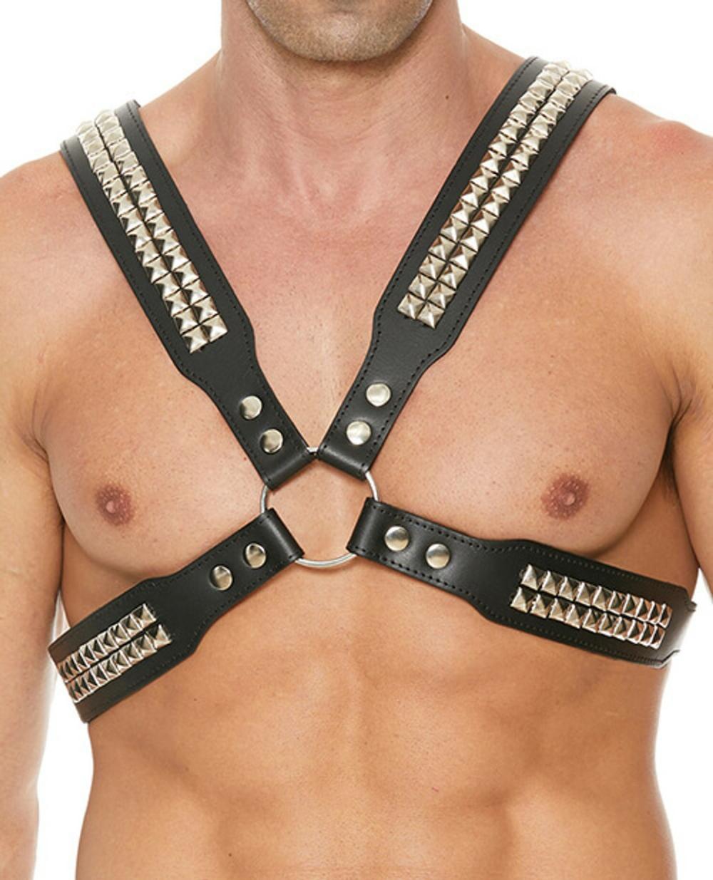 Uomo Men’s Pyramid Stud Black Leather Chest Harness Bondage