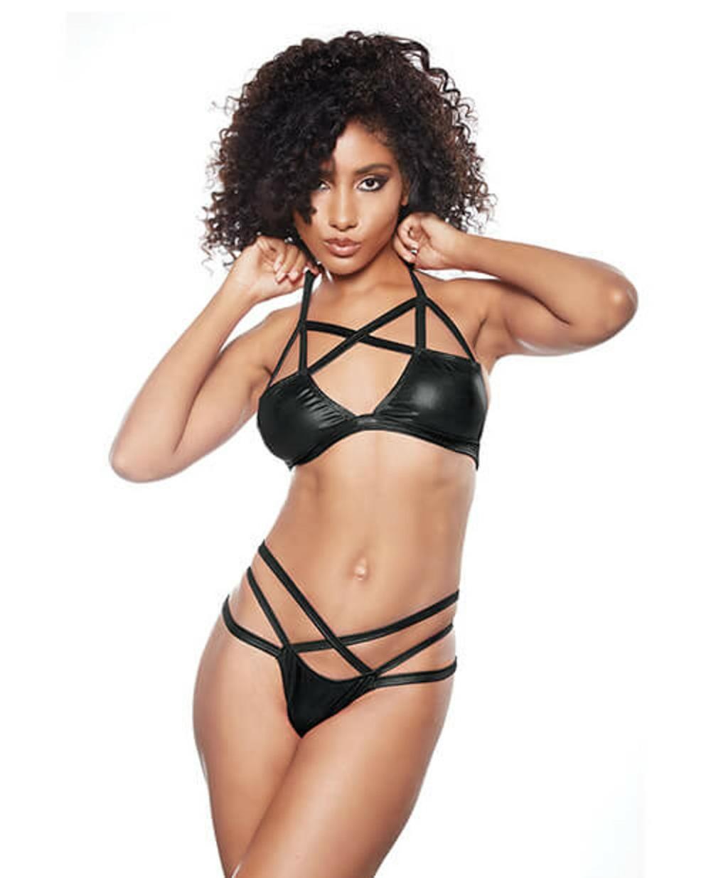 Black Wet Look Criss Cross Bralette & Thong Bondage